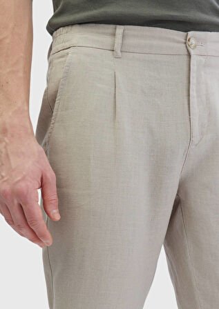 Bej Düz Dokuma Jogging Fit Casual %100 Keten Pantolon