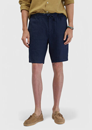 Lacivert Düz Dokuma Carrot Fit Casual %100 Keten Bermuda