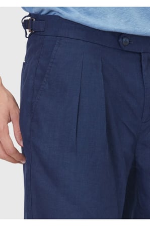 Lacivert Düz Dokuma Carrot Fit Casual %100 Keten Bermuda