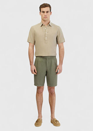 Haki Düz Dokuma Carrot Fit Casual %100 Keten Bermuda