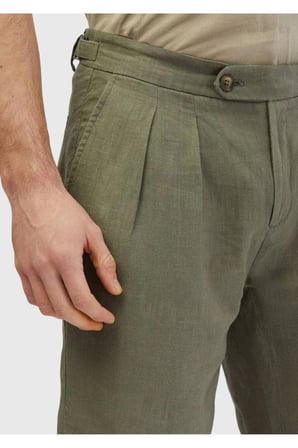 Haki Düz Dokuma Carrot Fit Casual %100 Keten Bermuda