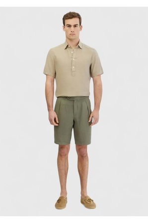 Haki Düz Dokuma Carrot Fit Casual %100 Keten Bermuda