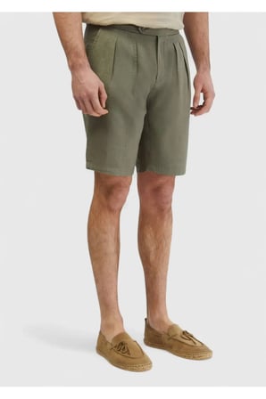 Haki Düz Dokuma Carrot Fit Casual %100 Keten Bermuda