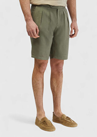 Haki Düz Dokuma Carrot Fit Casual %100 Keten Bermuda