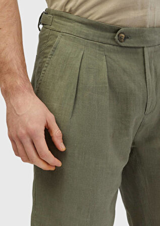 Haki Düz Dokuma Carrot Fit Casual %100 Keten Bermuda