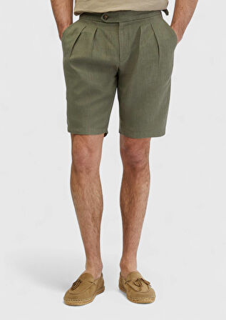 Haki Düz Dokuma Carrot Fit Casual %100 Keten Bermuda