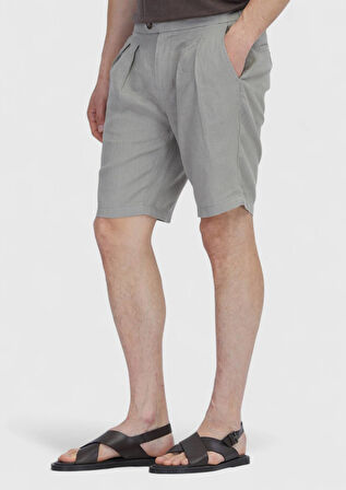 Vizon Düz Dokuma Carrot Fit Casual %100 Keten Bermuda