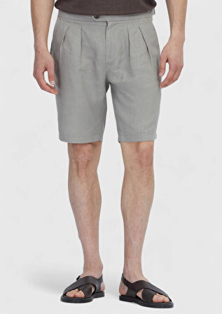 Vizon Düz Dokuma Carrot Fit Casual %100 Keten Bermuda