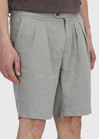 Vizon Düz Dokuma Carrot Fit Casual %100 Keten Bermuda