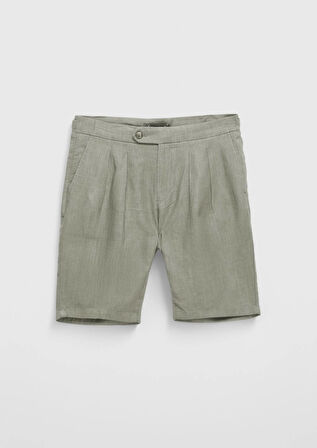 Vizon Düz Dokuma Carrot Fit Casual %100 Keten Bermuda