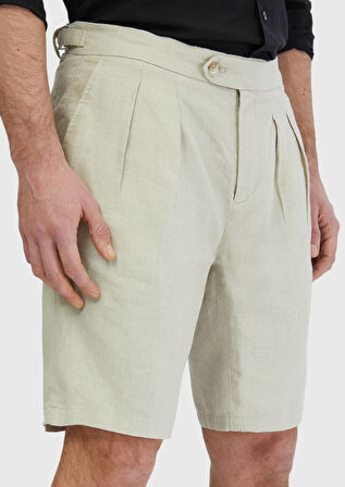 Kum Düz Dokuma Carrot Fit Casual %100 Keten Bermuda