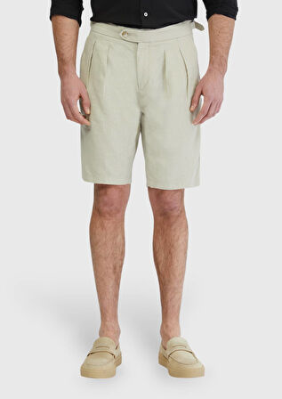 Kum Düz Dokuma Carrot Fit Casual %100 Keten Bermuda