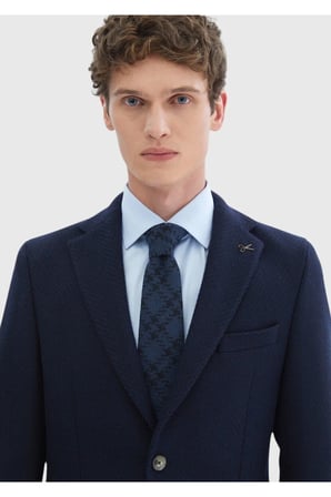Lacivert Desenli Shirt Shoulder Slim Fit Yün Karışımlı Örme Ceket