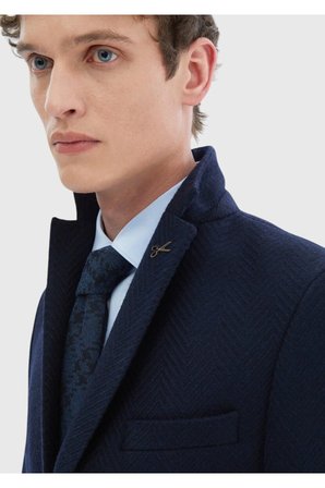Lacivert Desenli Shirt Shoulder Slim Fit Yün Karışımlı Örme Ceket