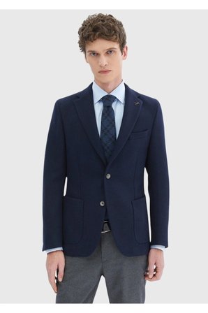 Lacivert Desenli Shirt Shoulder Slim Fit Yün Karışımlı Örme Ceket