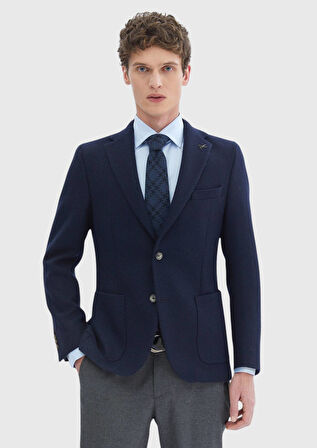 Lacivert Desenli Shirt Shoulder Slim Fit Yün Karışımlı Örme Ceket