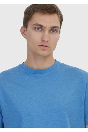 Mavi Düz Bisiklet Yaka %100 Keten T-Shirt