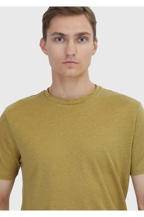 Yağ Yeşili Düz Bisiklet Yaka %100 Keten T-Shirt
