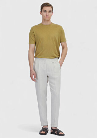 Yağ Yeşili Düz Bisiklet Yaka %100 Keten T-Shirt