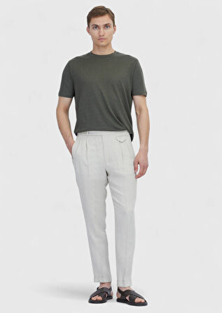 Haki Düz Bisiklet Yaka %100 Keten T-Shirt