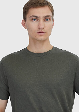 Haki Düz Bisiklet Yaka %100 Keten T-Shirt
