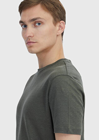 Haki Düz Bisiklet Yaka %100 Keten T-Shirt