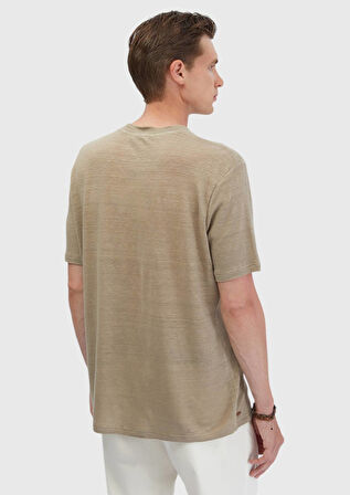 Vizon Düz Bisiklet Yaka %100 Keten T-Shirt