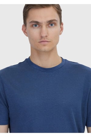 İndigo Düz Bisiklet Yaka %100 Keten T-Shirt