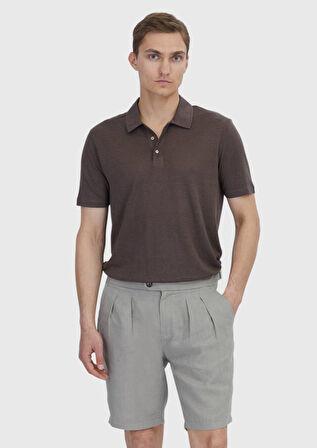 Kahverengi Düz Polo Yaka %100 Keten T-Shirt
