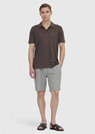 Kahverengi Düz Polo Yaka %100 Keten T-Shirt