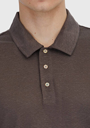 Kahverengi Düz Polo Yaka %100 Keten T-Shirt