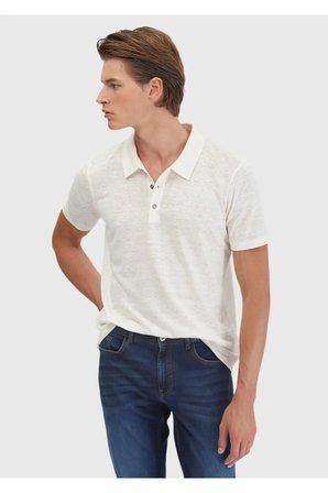 Ekru Düz Polo Yaka %100 Keten T-Shirt