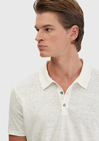 Ekru Düz Polo Yaka %100 Keten T-Shirt