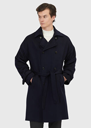 Lacivert Oversize Fit Kruvaze Yaka Casual Dokuma Palto