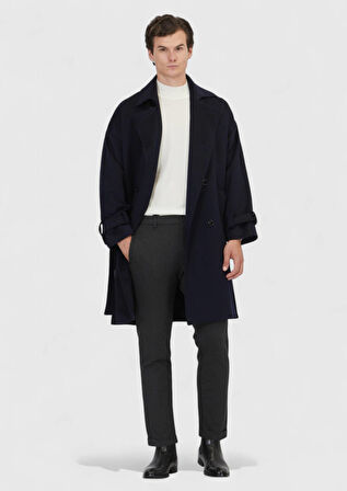 Lacivert Oversize Fit Kruvaze Yaka Casual Dokuma Palto