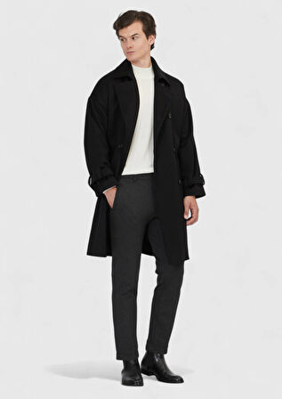 Siyah Oversize Fit Kruvaze Yaka Casual Dokuma Palto