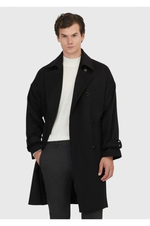 Siyah Oversize Fit Kruvaze Yaka Casual Dokuma Palto