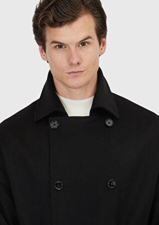 Siyah Oversize Fit Kruvaze Yaka Casual Dokuma Palto