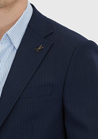 Koyu Lacivert Çizgili Modern Fit Yün Karışımlı Takım Elbise