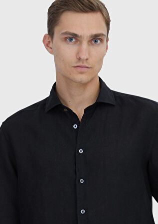 Siyah Düz Casual Fit Dokuma Casual %100 Keten Gömlek