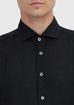Siyah Düz Casual Fit Dokuma Casual %100 Keten Gömlek
