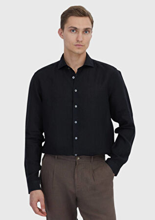 Siyah Düz Casual Fit Dokuma Casual %100 Keten Gömlek