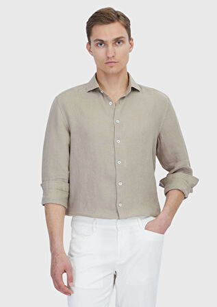 Vizon Düz Casual Fit Dokuma Casual %100 Keten Gömlek