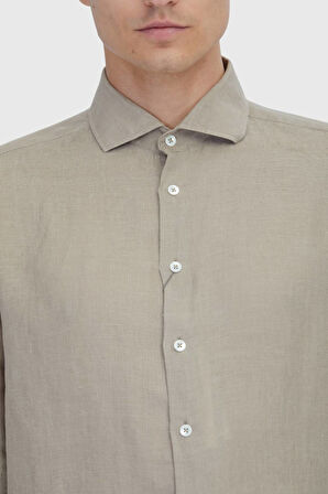 Vizon Düz Casual Fit Dokuma Casual %100 Keten Gömlek