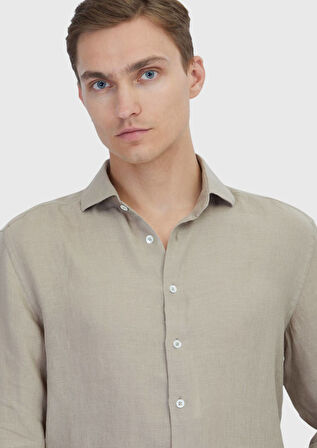 Vizon Düz Casual Fit Dokuma Casual %100 Keten Gömlek