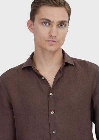 Kahverengi Düz Casual Fit Dokuma Casual %100 Keten Gömlek