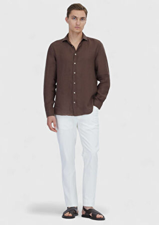 Kahverengi Düz Casual Fit Dokuma Casual %100 Keten Gömlek