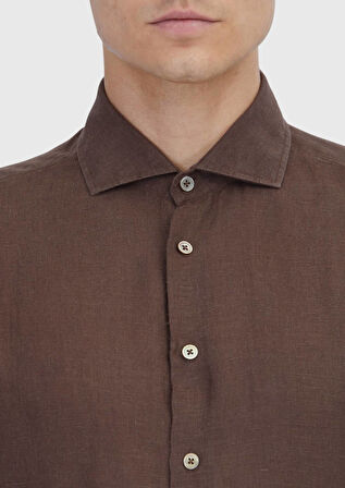 Kahverengi Düz Casual Fit Dokuma Casual %100 Keten Gömlek