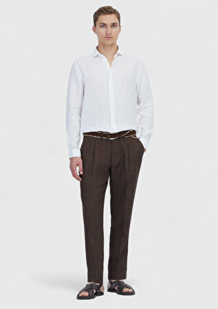 Beyaz Düz Casual Fit Dokuma Casual %100 Keten Gömlek