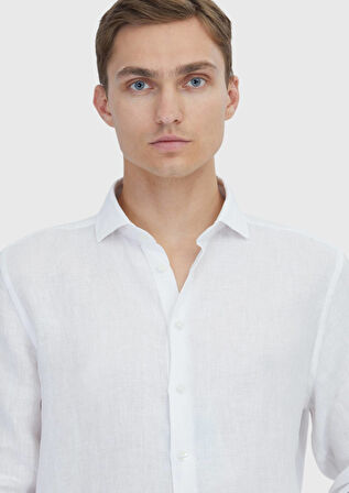 Beyaz Düz Casual Fit Dokuma Casual %100 Keten Gömlek